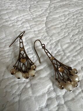 Vintage-Inspired Bronze Filigree Drop Earrings with Cream Beads